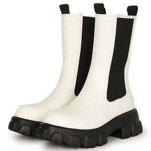 Women's Chunky Mid Calf Elastic Collar Round Toe Lugged Sole Boot- White